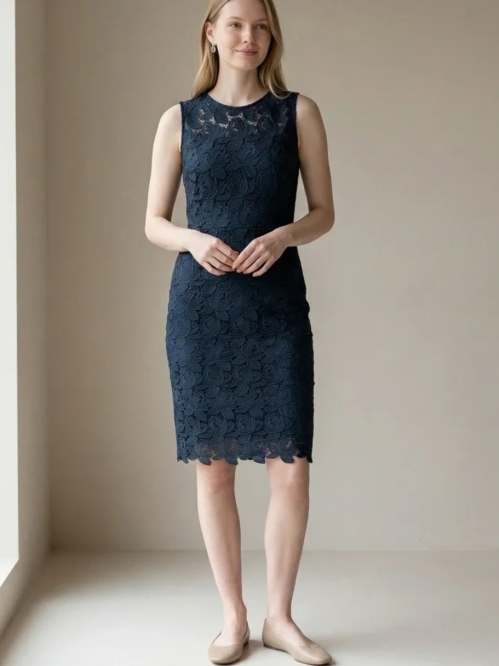 LOFT Navy Floral Lace Overlay Sleeveless Sheath Dress